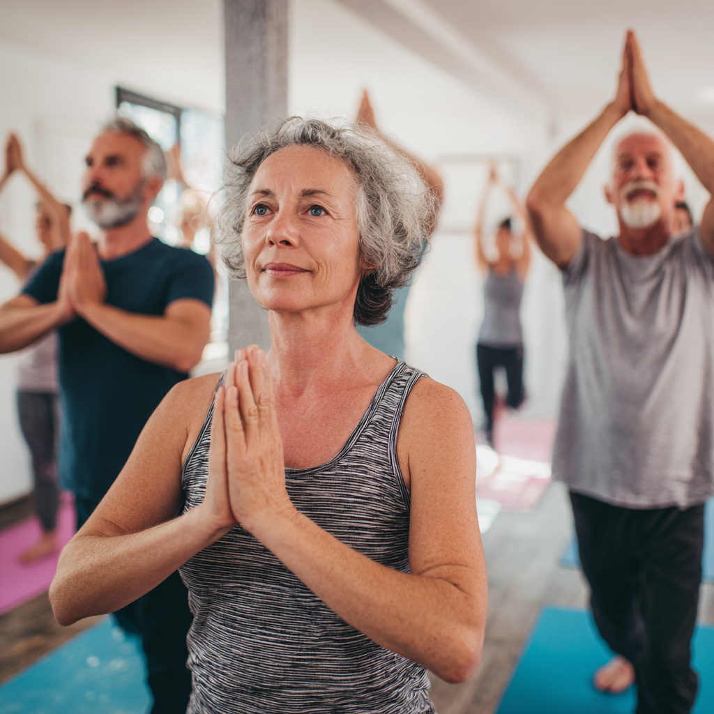 Група людей віком 50-60 років виконує м'які асани йоги під керівництвом досвідченого інструктора в світлій студії