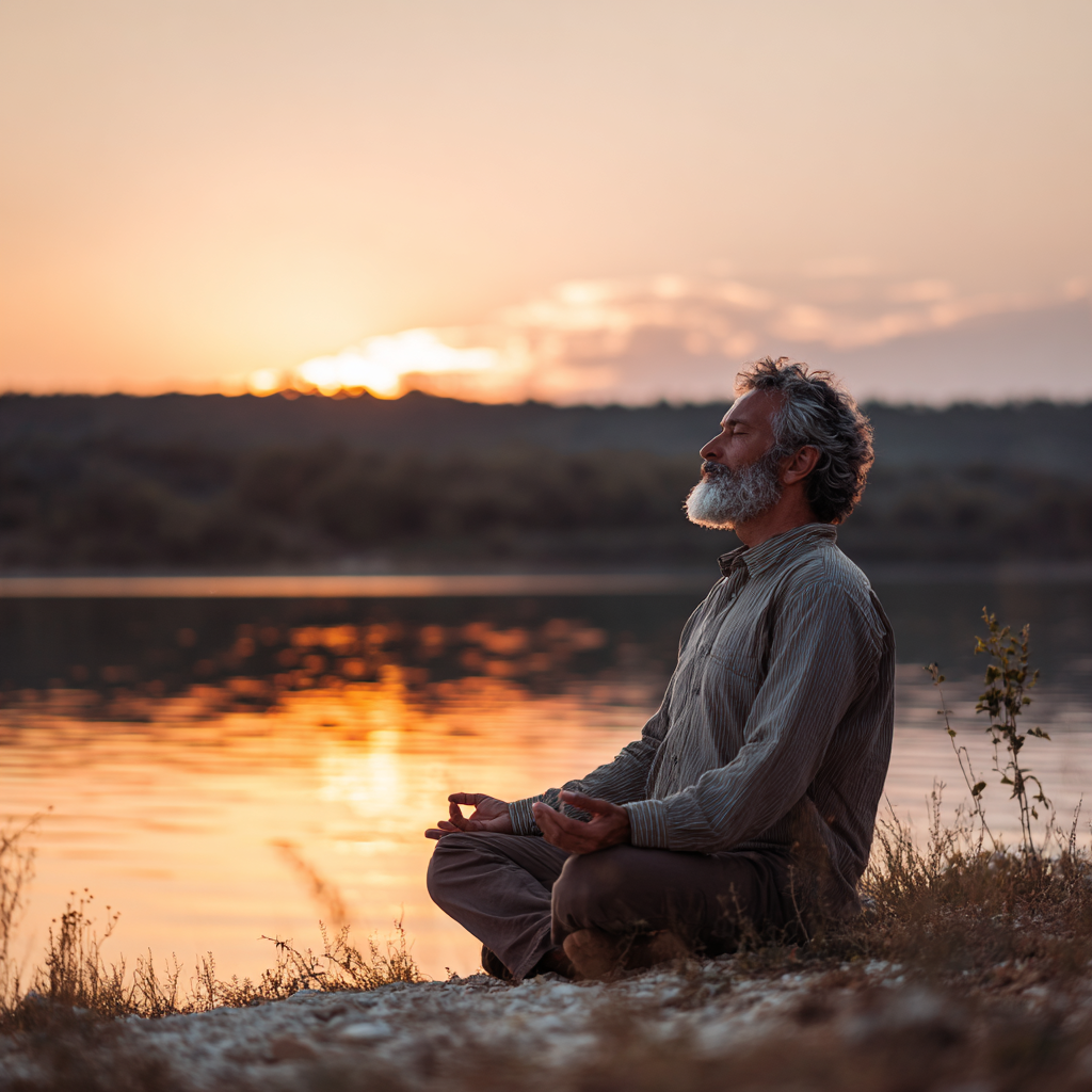 Чоловік 60 років у медитативній позі на березі озера під час заходу сонця, відображаючи філософію гармонії з природою