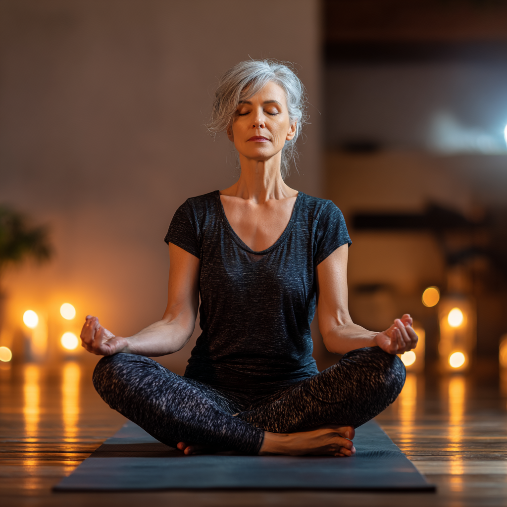 Жінка 55 років у спокійній позі лотоса на килимку для йоги в затишній студії з м'яким освітленням